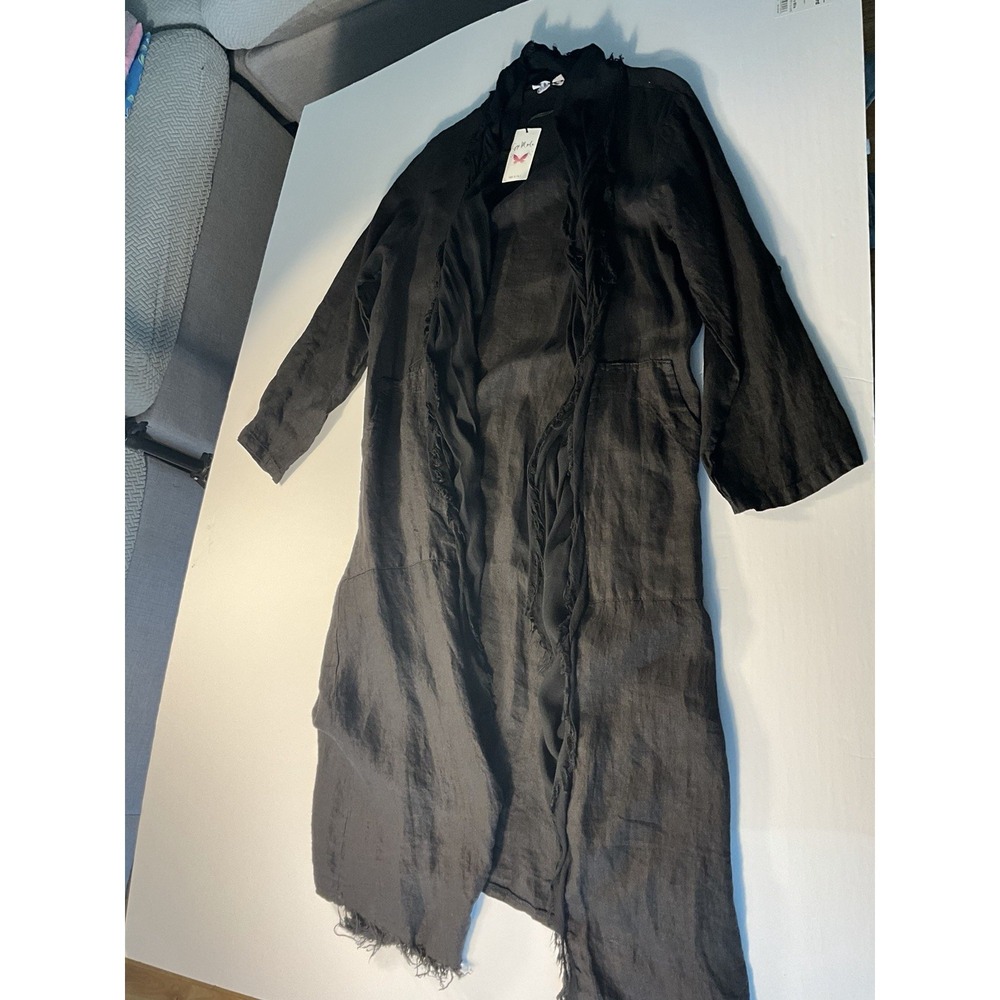 Gigi Moda Italy NWT Black Duster Cardigan Open Front Frayed Hem One Size